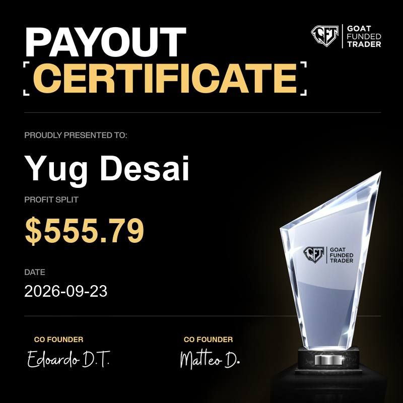 Goat Funded Trader payout certificate for YugFX, $555.79, 23 Sep 2026