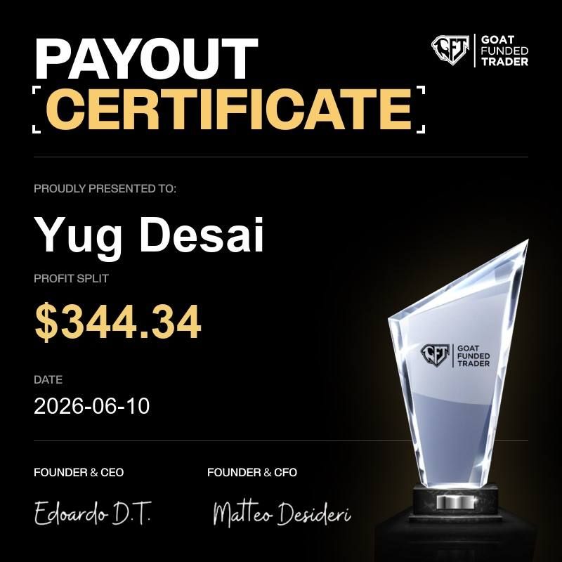 Goat Funded Trader payout certificate for YugFX, $344.34, 10 Jun 2026